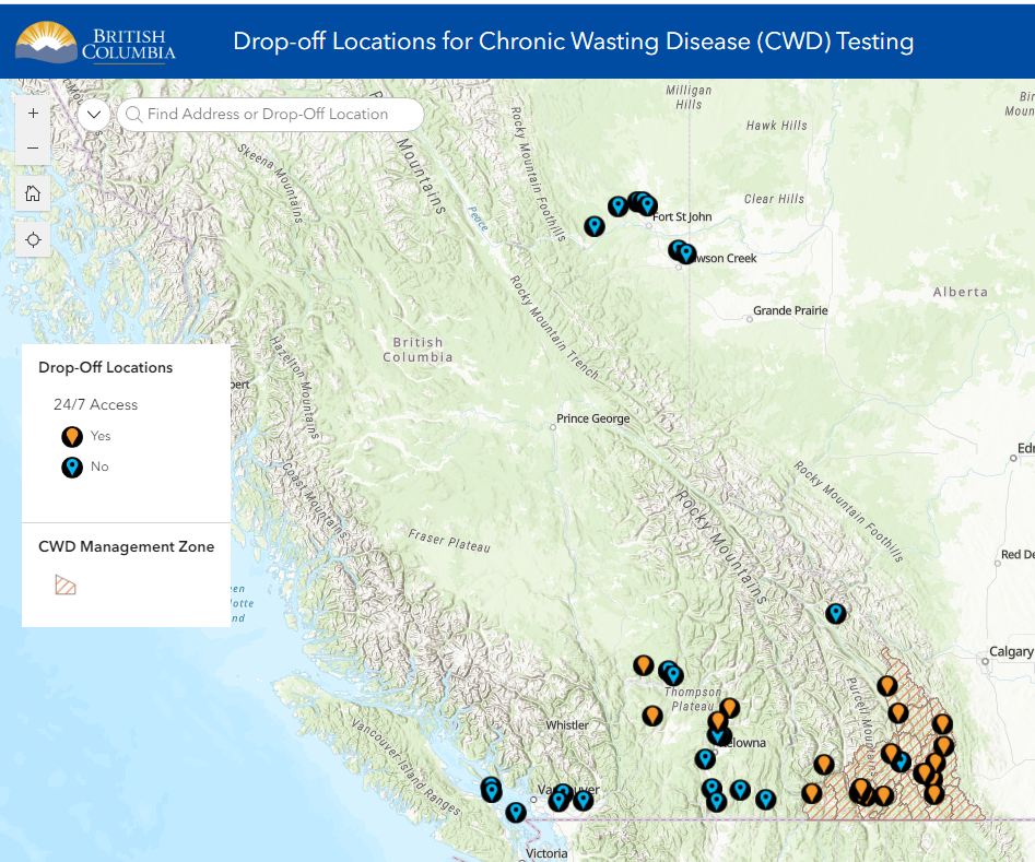 CWD Sample Drop Off Locations in British Columbia